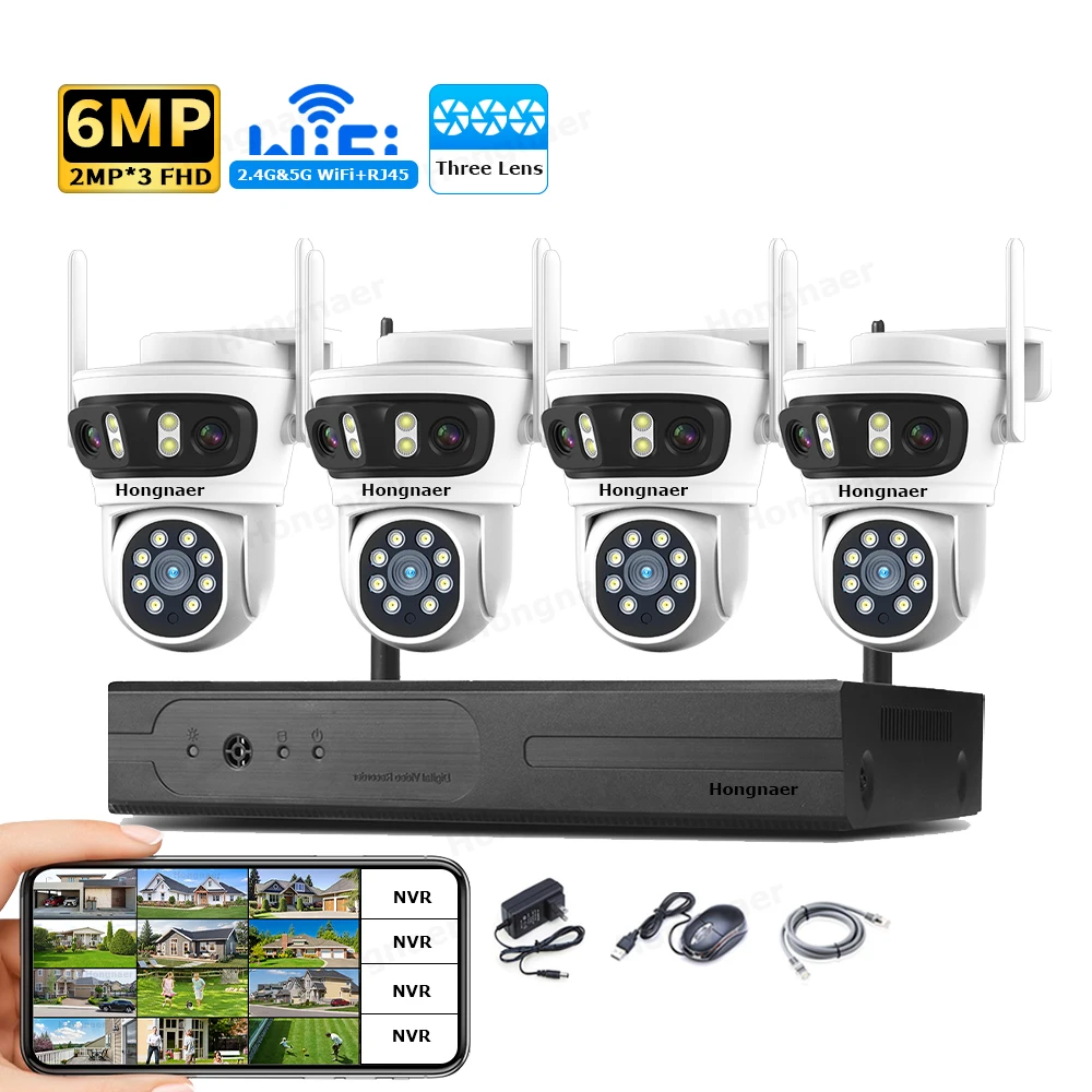 Security Ip Camera - 2026 Hongnaer 6MP 4CH 3 Lensa